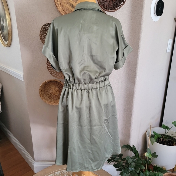 French Connection Elegant Olive Green Shirt Dress Sz L - Picture 4 of 6